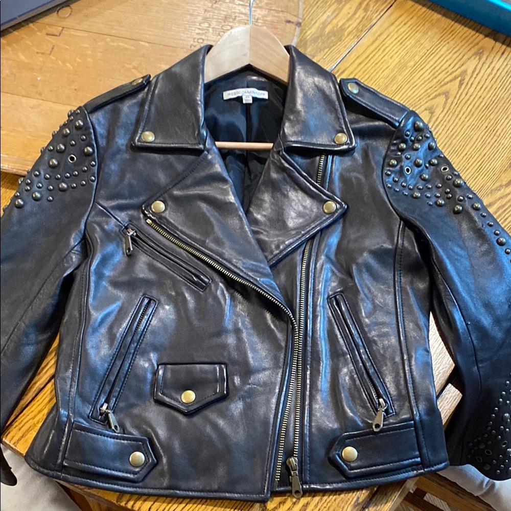 Rebecca Minkoff Black Leather Moto Jacket with Studded Details